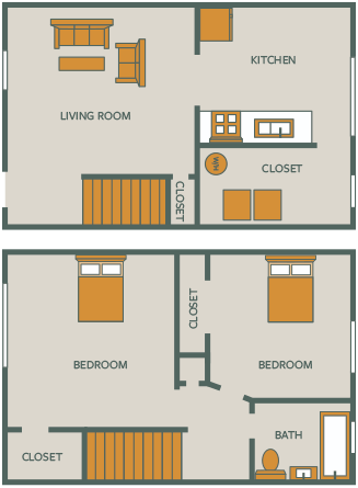 Floor plan for 2 beds, 1 bath, 750 sqft